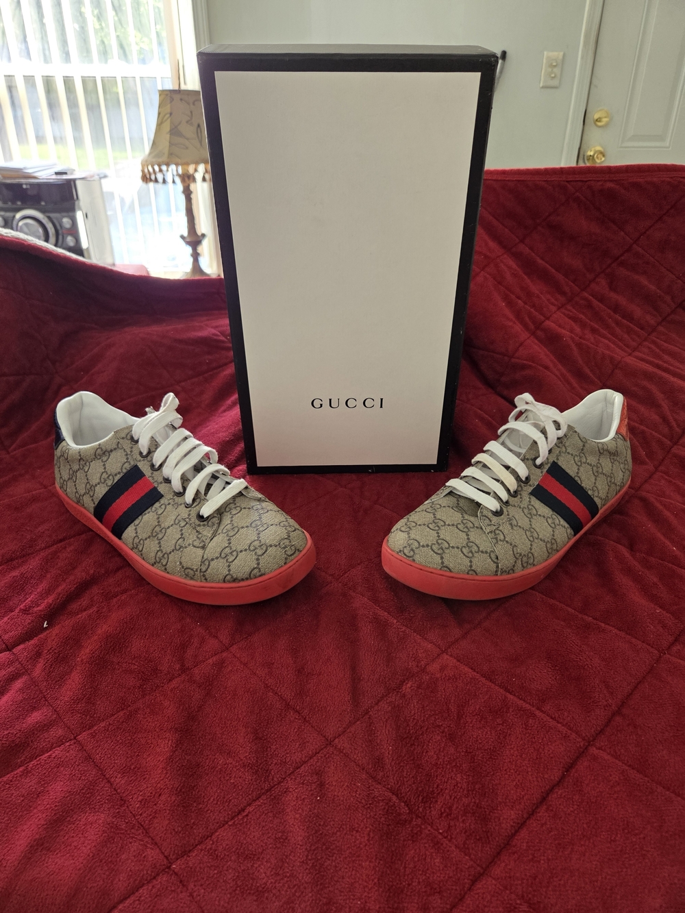 Gucci GG Supreme Canvas Low-Top Sneakers with Red Soles and Navy-Red Web